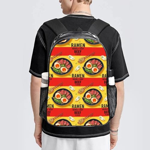 Water Resistant Clear PVC Daypack Beach Sports Work College | Heavy Duty, Funny Food Japanese Ramen Noodle Soup Beef Flavor, See Through Daypack - color: Pattern (321)