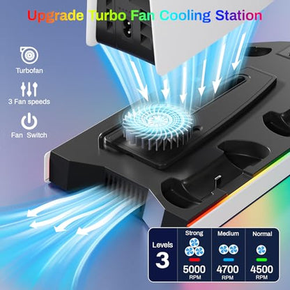 PS5 Cooling Station Stand RGB with Dual Controller Charging Station for PlayStation 5 Console, PS5 Accessories Incl. Controller Charger, Cooling Fan, Headset Holder, 3 USB Hub - color: Black & white