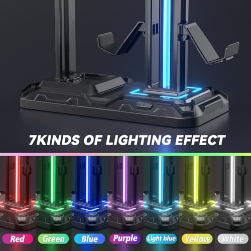 KDD RGB Multi-Controller Holder with 9 Light Modes - Rotatable Universal Headphone Hanger - Controller Stand with 6 Detachable Hooks for Desktop Gamer Accessories