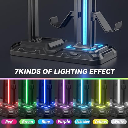 KDD RGB Multi-Controller Holder with 9 Light Modes - Rotatable Universal Headphone Hanger - Controller Stand with 6 Detachable Hooks for Desktop Gamer Accessories