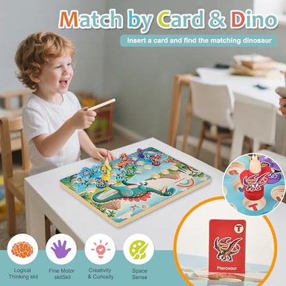 Wooden Dinosaur Magnetic Fishing Game for Toddlers Ages 3-5 with 2 Pods, ABC Alphabet Learning Toy with Spelling Cards, Preschool Educational Montessori Toys, Gift for Boy Girl