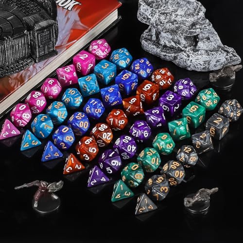 QMay Polyhedral Dice Set - 7 x 7 (49 Pieces) DND Dice with 7PCS Black Drawstring Bags Great for Dungeons and Dragons, RPG, MTG,Role Playing Table Games D4 D6 D8 D10 D% D12 D20 - color: 7 Sets-49pcs