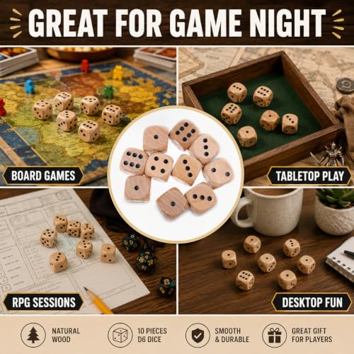10Pcs Wooden D6 Dice Set, 20mm Round Corner, 6 Sided Gaming Dice for Adults Standard Game Dice
