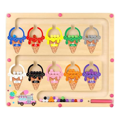 wakeInsa Magnetic Color and Number Maze,Montessori Toy for 2-5 Years Old Girls,Wooden Magnet Balls Puzzles,Toddler Busy Board Game,Preschool Learning Activities,Christmas & Birthday Gift for Kids - style: Magnet Toys - Ice Cream