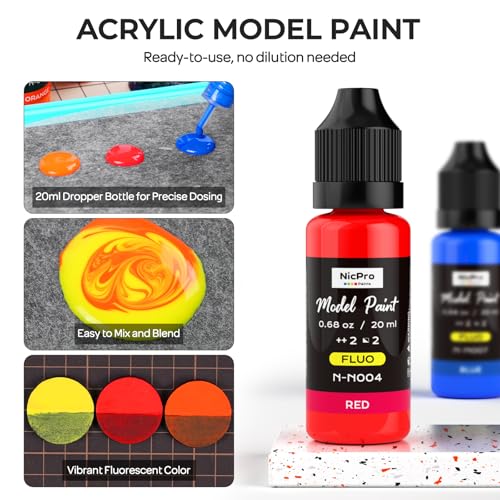 Nicpro 8 Colors Fluorescent Model Paint Set, 20ml Ready to Use Neon Modeling Acrylic Paints, Brush & Airbrush Compatible, Miniature Paint Set for Fantasy, Sci-Fi, Wargaming Figures Crafts with Thinner - style: Fluorescent & Neon