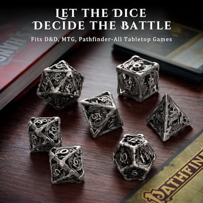 MoKo Dragon Hollow Metal DND Dice Set, Silver | 7 Pcs Polyhedral, D20 D12 D10 D8 D6 D4, For Dungeons and Dragons RPG Games, With Gift Box - color: 4 - Sliver