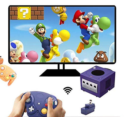 VTone Wireless Game Cube Controller, 2 Pieces 2.4G Wireless Classic Gamepad with Receiver Adapter for Wii Game Cube NGC GC (Orange and Dark Blue)