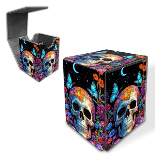 Deck Box for MTG/TCG/CCG, 100+ Sleeved Card Holder, PU Leather Trading Card Storage Box Case with Magnetic Closure, Quick Access for MTG Commander Game Cards, Floral Skull Butterflies - color: Floral Skull Butterflies, size: 3.2×3.1×4.1 inch