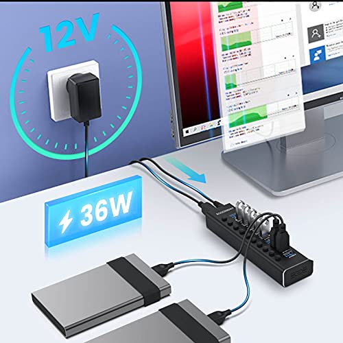 10-Port Powered USB Hub, Aluminum USB 3.0 Data Hub 36W, RSH-A10 | USB Extender Hub Splitter with 12V/3A Power Adapter and Individual On/Off Switches, for Laptop and PC - size: 10-Port Powered USB Hub