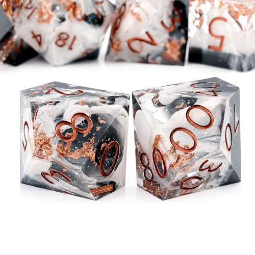 Haxtec Earth Landscape DND Dice Set Sharp Edge Resin Polyhedral Dice, Black D&D Dice with Metal Case, Handmade Gold Flake Inside Dice Set for Dungeons and Dragons TTRPG, Black White Copper DND Gift - color: Black White