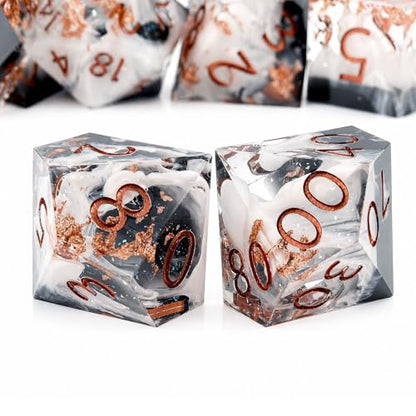 Haxtec Earth Landscape DND Dice Set Sharp Edge Resin Polyhedral Dice, Black D&D Dice with Metal Case, Handmade Gold Flake Inside Dice Set for Dungeons and Dragons TTRPG, Black White Copper DND Gift - color: Black White