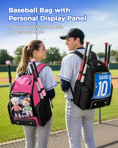MATEIN PRO Youth Baseball Backpack for 4 Bats, Collapsible Shoe Compartment | Water Resistant, Large, Boys Baseball Bat Bag, Insulated Beverage Pocket, Clear Display Window, Storage Holds Glove, Helmet - color: Pink