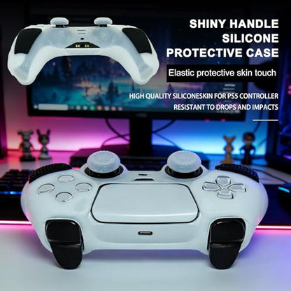 White Glitter Anti Slip Soft Thicked Studded Silicone Cover Skins Compatible with PS5 Controller,Include 8 PCS White Glitter Thumb Grips Glow and 2 Cat Paw Grips Accessories. - color: White Black