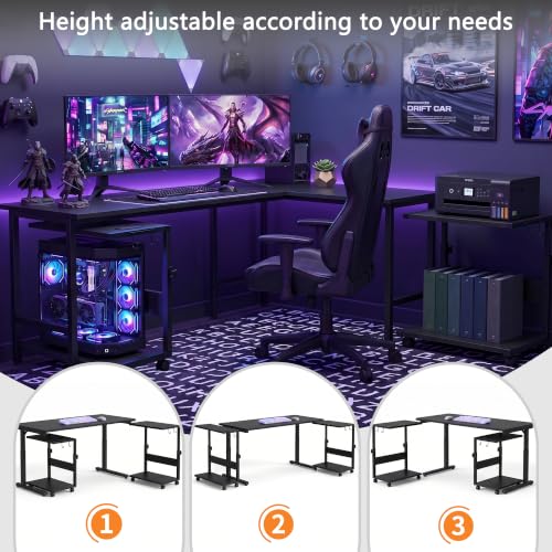Computer Tower Stand with LED Light Strip, Height Adjustable | 23.6" × 15.7" Mobile Rolling CPU Holder, Height Adjustable PC Tower Stand with Charging Station for Office Home, Black, Large - color: Black, size: 23.6'' × 15.7''