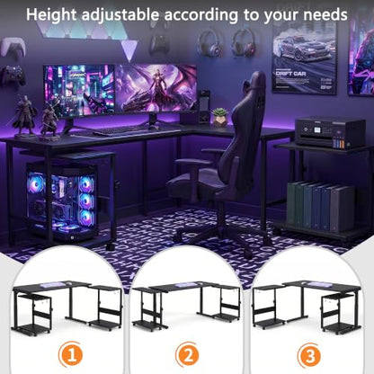 Computer Tower Stand with LED Light Strip, Height Adjustable | 23.6" × 15.7" Mobile Rolling CPU Holder, Height Adjustable PC Tower Stand with Charging Station for Office Home, Black, Large - color: Black, size: 23.6'' × 15.7''