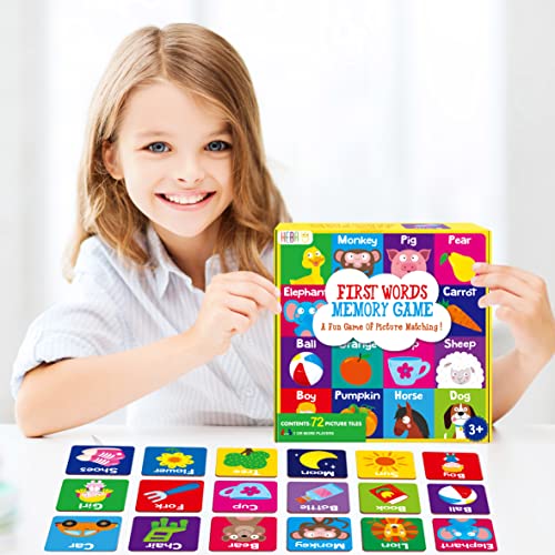 Hebayy Memory Matching Game, 72 PCS First Words Matching Cards for Toddlers 36 Pairs Memory Cards Educational Toys for Preschool 4 5 6 Years Old - style: First Words