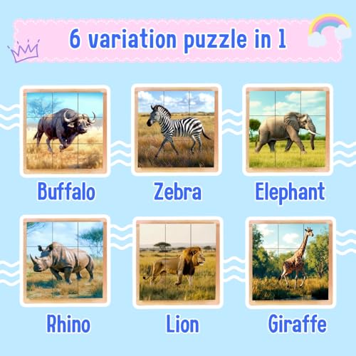 6-in-1 Wooden Animal Puzzle – Montessori Cube Toy for Kids – Realistic African Safari Animals Educational Wood Blocks for Toddlers Ages 3–6 - style: African Safari Animals