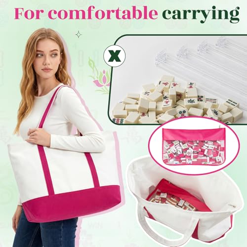 Soulchen 1.2 Inch American Mahjong Tile Set, 168 Engraved Mahjong Tiles with Tile Bag, Portable Canvas Tote Bag & 4 Dice - for Beginners & Enthusiasts Adult Game Collection Gift (Hot Pink, Modern)