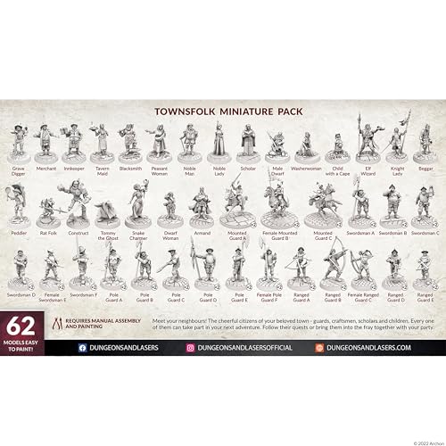 Dungeons & Lasers Townsfolk DND Miniatures Set with 62 NPC Figures for D&D and 5E RPG Games - 28MM Size, Unpainted, Unassembled - for Ages 14 Years +