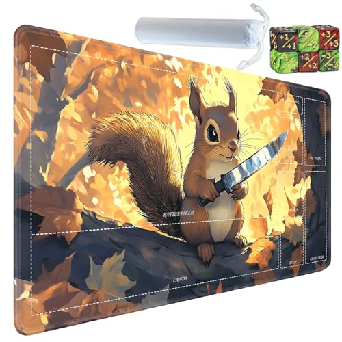 for MTG/TCG Playmat with Zones, 24 x 14 inches Trading Card Playmat with A Storage Bag and 6 Dice, Non-Lip Rubber Bottom Game Desk Mat, Squirrel with Knife - color: Yux-playmats-2-3A-258