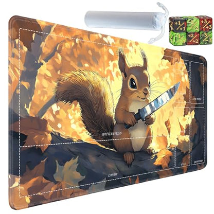 for MTG/TCG Playmat with Zones, 24 x 14 inches Trading Card Playmat with A Storage Bag and 6 Dice, Non-Lip Rubber Bottom Game Desk Mat, Squirrel with Knife - color: Yux-playmats-2-3A-258