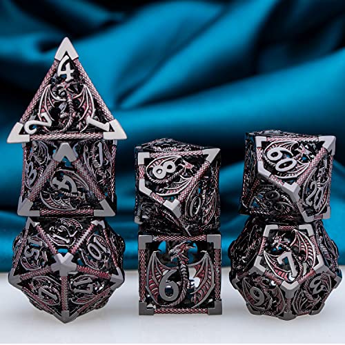 ARUOHHA Hollow DND Metal Dice Set Black Red Dragons D and D Dice, RPG Role Playing Games Dungeons Polyhedral Dice with Gift Box D20 D12 D10 D8 D6 D4 - color: Black Red