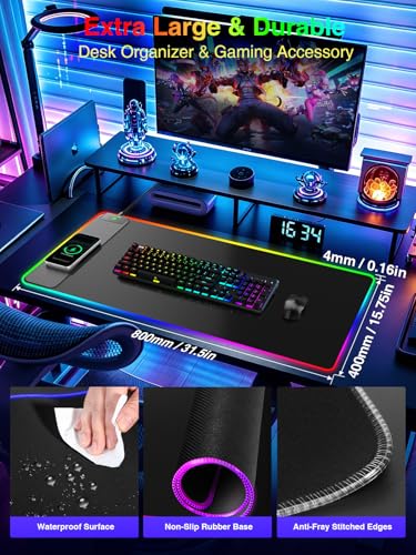 Wireless Charging Mouse Pad Gaming, 31.5"x15.8" Large Desk Mat, Waterproof | RGB Mousepad, Smooth Glide, Stitched Edge, Non-Slip Rubber Base, Desk Pad Computer Keyboard Mat, No Adapter - color: RGB-31.5"x15.8"
