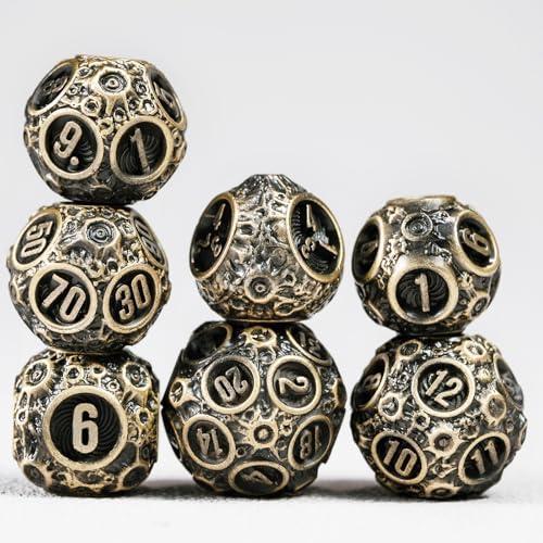 Unbeaten 7PCS Meteorite Metal Dice Set with Box, RPG DND Dungeons and Dragons Role Playing Game Polyhedral Dice Set D20 D12 D10 D8 D6 D4 (Ancient Bronze)