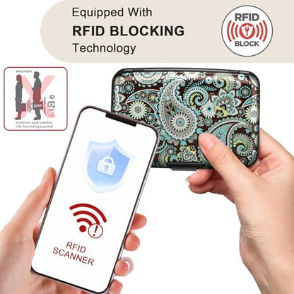 Mini RFID Aluminum Wallet Credit Cards Holder Business Card Case Metal ID Case for Men Women (Blue flower) - color: Blue flower