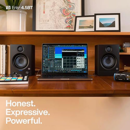 PreSonus Eris 4.5BT Bluetooth Studio Monitors, Pair — 4.5" Inch Powered Bookshelf Speakers, Stereo, Desktop Computer, Near Field Music Production, Audio Mixing Recording | Pair • Bluetooth 5.0 • 4.5 Woven Woofer • 1 Silk-Dome Tweeter • 50W Class Ab • 70hz