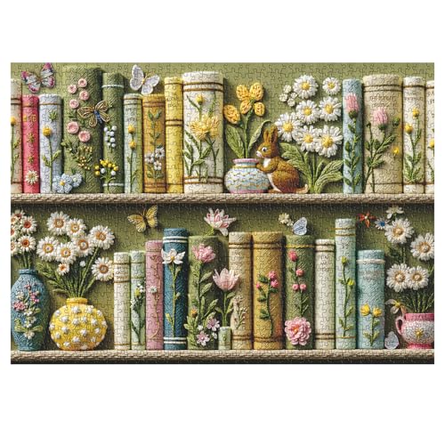 Spring Floral Bookshelf Puzzles for Adults 1000 Pieces, Challenging Bunny Garden Library with Flower and Butterfly, Vintage Botanical Book Spine Aesthetic Art Jigsaw Puzzle