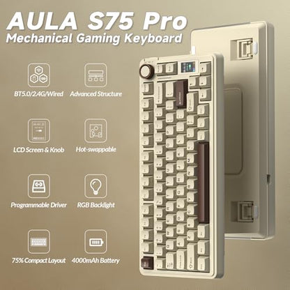 AULA S75 PRO Wireless Mechanical Keyboard with Screen&Knob, 75% Hot Swappable Gaming Keyboard with Pre-lubed Switches, RGB Backlit, PBT Keycaps, Creamy Sounding Computer Keyboards - color: Mocha