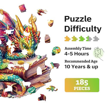 Jigfoxy Wooden Puzzles for Adults, Jeweled Dragon Wood Puzzle for Adults, Unique Animal-Shaped Wooden Jigsaw Puzzle, Christmas Thanksgiving Gifts for Family and Friends (M-11.4 * 10.7in-185pcs) - size: Medium