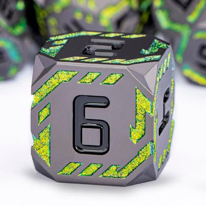 Metal DND Sci-fi Dice Set 7PCS Stripe Polyhedral Dice for Dungeons Dragons RPG Role Playing Game, Glitter D and D Dice with Gift Box D6 D8 D10 D12 D20 (Black&Green Yellow) - color: Black - Yellow Green