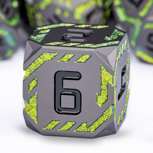 Metal DND Sci-fi Dice Set 7PCS Stripe Polyhedral Dice for Dungeons Dragons RPG Role Playing Game, Glitter D and D Dice with Gift Box D6 D8 D10 D12 D20 (Black&Green Yellow) - color: Black - Yellow Green