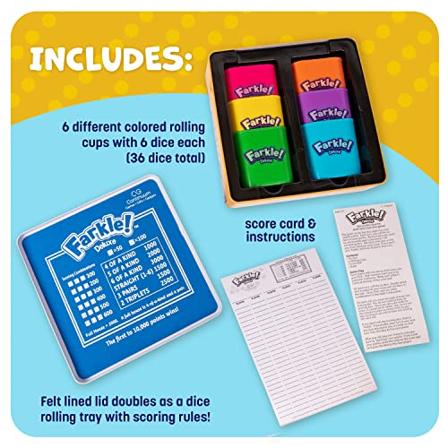 Farkle Deluxe Dice Games Set Includes 36 Colorful Dice, 6 Rolling Cups, Rolling Tray, and Score Sheets The Classic Push-Your-Luck Dice Game - style: Deluxe