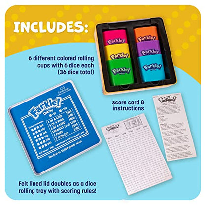 Farkle Deluxe Dice Games Set Includes 36 Colorful Dice, 6 Rolling Cups, Rolling Tray, and Score Sheets The Classic Push-Your-Luck Dice Game - style: Deluxe