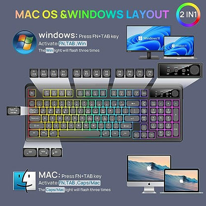 KOLMAX BT98 Wireless Keyboard and Mouse Combo,Triple Mode 2.4G/Wired/Bluetooth Gaming Keyboard and Mouse,Rechargeable Ergonomic RGB Backlit Light Up Keyboard Mouse with Knob for PC/Mac/Tablet - color: BT98 Black