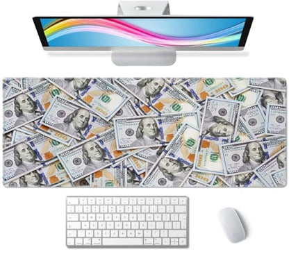 Gaming Large Mouse Pad with Stitched Edges, Hundred Dollar Bill Desk Mat, Extended Keyboard Pad, Non-Slip Rubber Base Desk Pad for Keyboard and Mouse, 31.5X11.8 inch - color: Hundred Dollar Bill