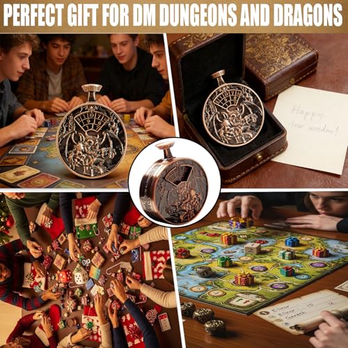 DND Dice Roller D4-D20 Metal Pocket Watch 3D Dragon Art Copper | All-in-one dnd spinner dice. metal pocket watch design.press to roll. zinc alloy metal. mtg ttrpg gifts - color: Dice Roller- Copper