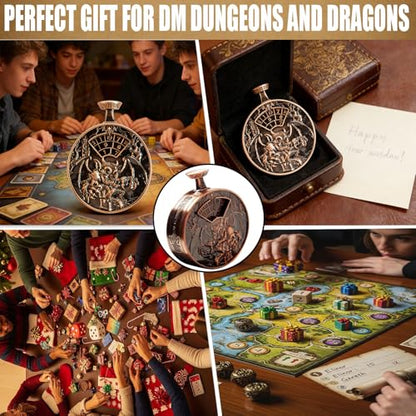 DND Dice Roller D4-D20 Metal Pocket Watch 3D Dragon Art Copper | All-in-one dnd spinner dice. metal pocket watch design.press to roll. zinc alloy metal. mtg ttrpg gifts - color: Dice Roller- Copper