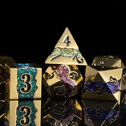 Galaxy Metal Dice Set, 7PCS Polyhedral DND Dice with Glitter Resin Inlay, Heavy Metal RPG Dice for Dungeons and Dragons Tabletop Games - color: Imitation Gold Seven Colors