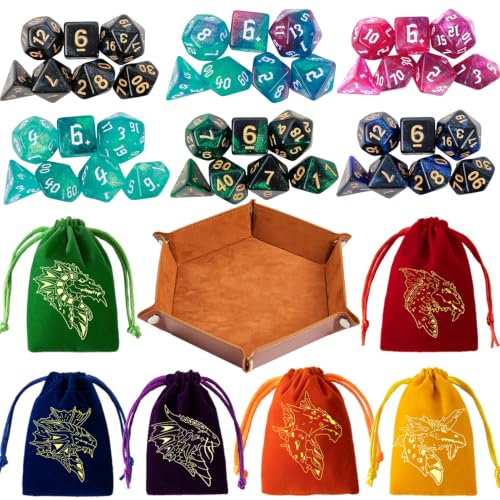 DND Dice Set 42 Pcs Polyhedral Dungeons and Dragons Rolling Dice for D&D RPG MTG Table Games Dice Bulk with Colorful Drawstring Bags and Dice Tray (Cartoon) - color: Cartoon
