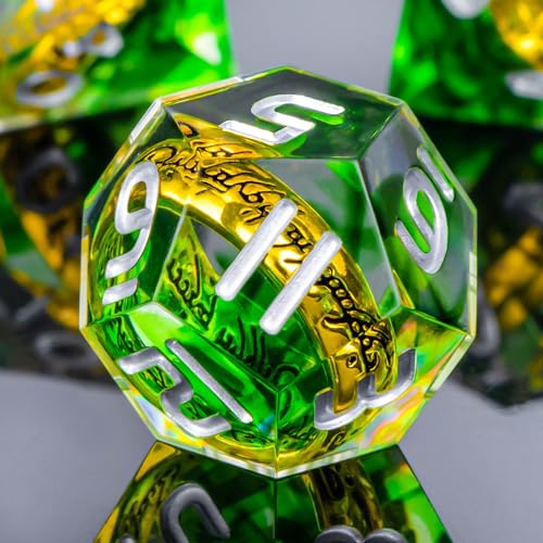 OUKELANWO Magic Lord Rings DND Dice Set with Box, 7Pcs Resin LOTR D&D Dice Set for Role Playing Game, Green Dungeons Dragons D and D Sharp Edge Dice D20 D12 D10 D8 D6 D4 - color: Green & White