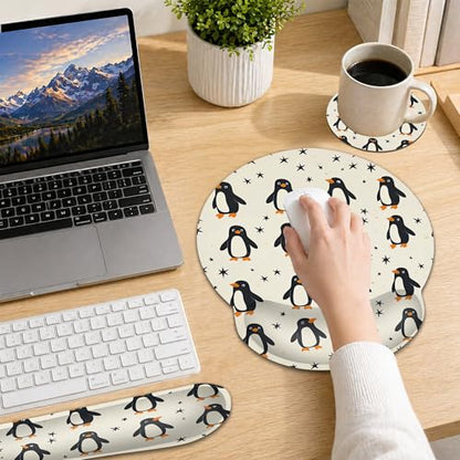 Funny Penguin Wrist Rest Mouse Pad and Keyboard Support Set,Cute 3 in 1 Ergonomic Memory Foam Mousepad with Non Slip Base, Gaming Mouse Pad for Office and Home - color: Funny Penguin Cute