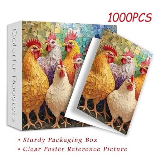 PICKFORU Colorful Roosters Puzzles for Adults 1000 Pieces, Mosaic Farm Chicken Jigsaw Puzzles 1000 Pieces, Difficult Art Animal Puzzle - style: Colorful Roosters