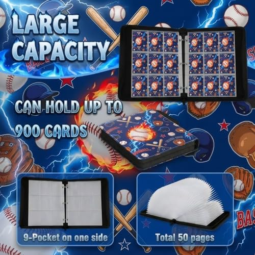 Trading Card Binder 9 Pocket, Blue Baseball Card Binder Holds 900 Cards with 50 Removable Sleeves, Waterproof PU Leather with Zipper Card Collector Album Book Compatible with TCG Cards - color: Blue Baseball