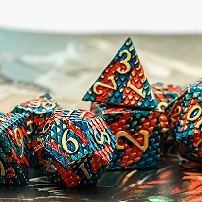 UDIXI Metal Dice Set, Dragon Scale D&D Metal DND Dice with Dice Box for Role Playing Games and Other Tabletop Game (Blue with Orange) - color: Dragon Scale-orange and Blue