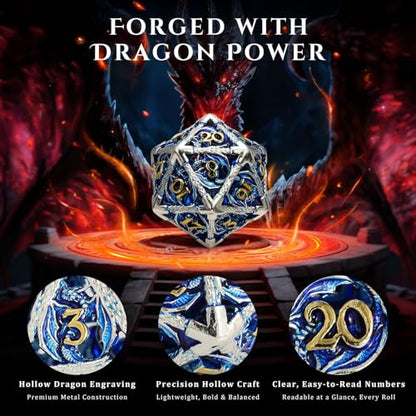 MoKo Dragon Hollow Metal DND Dice Set, Blue+Gold | 7 Pcs Polyhedral, D20 D12 D10 D8 D6 D4, For Dungeons and Dragons RPG Games, With Gift Box - color: 4 - Blue+gold