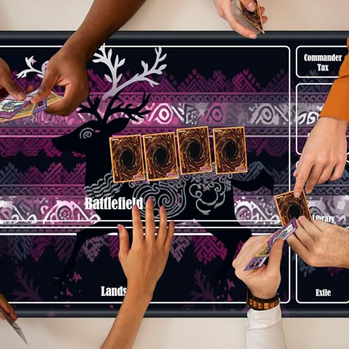 Board Game Mat TCG Playmat Plus 50 Pcs Card Sleeves, 24 x 14 inches Table Mats Games Mousepad with Zones Smooth Surface for MTG RPG CCG Trading Card Game Play Mats, Purple Xmas Deer - color: Purple Xmas Deer, size: Zone 1